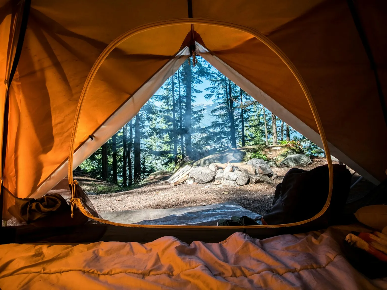 Camping tent in a lush green meadow at sunrise
